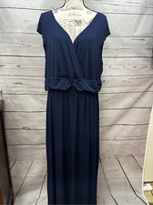 NY Collection Woman 2X Navy Blue Maxi Dress Plus Size V Neck Knot Front
