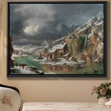 Rustic Landscape Oil Painting Winter Cottage Canvas Print for Home Decor