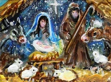 ACEO Original Christmas MANGER Painting Nativity Religious Jesus Lamb Animal ART