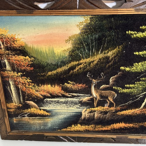 Vintage Velvet Painting Rustic Frame Nature Forest Scene Buck Deer and waterfall - Afbeelding 3 van 18