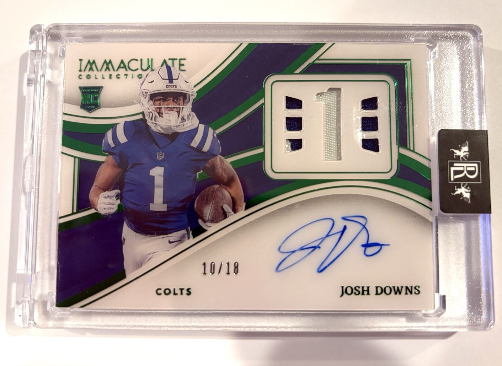 JOSH DOWNS 2023 IMMACULATE NUMBERS AUTO PATCH #INA-JDN RPA - /18 EMERALD COLTS