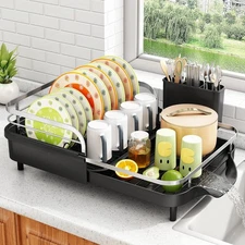 Expandable Dish Drying Rack - Rust-Resistant Drainer with Utensil Holder,