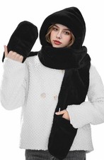 Winter Scarf for Women - 3 in 1 Faux Fur Hooded Scarf Hat Gloves Set