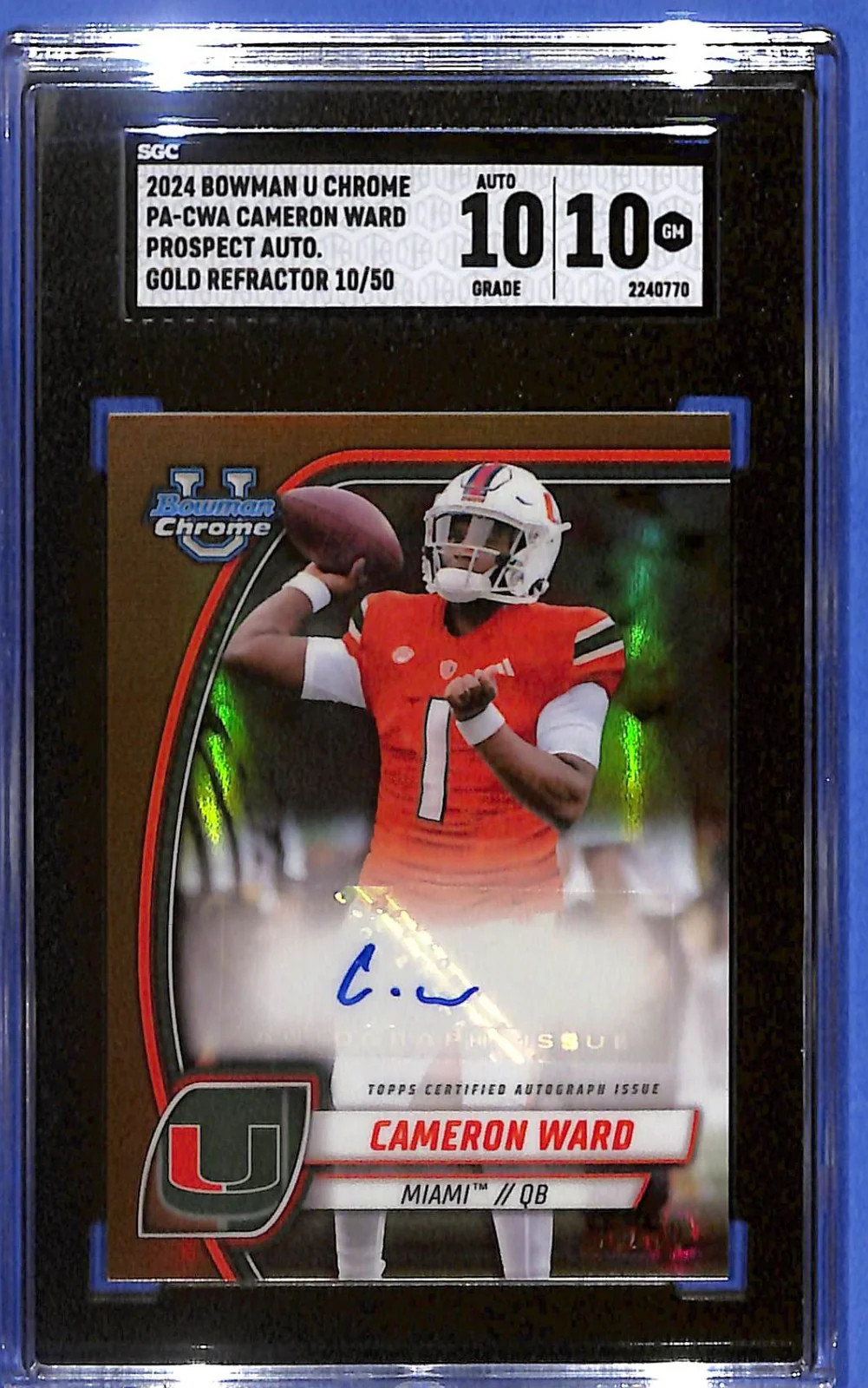 2024 Cameron Ward Bowman University Chrome #38 Gold Refractor Auto # 10/50 (RC)