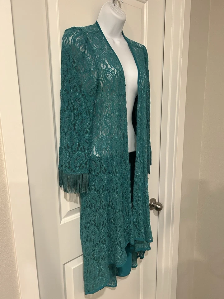 Cárdigan Kimono Abierto Tomato Flying Talla L Turquesa Encaje Flecos Boho Plumero de Hadas Foto 3 de 4