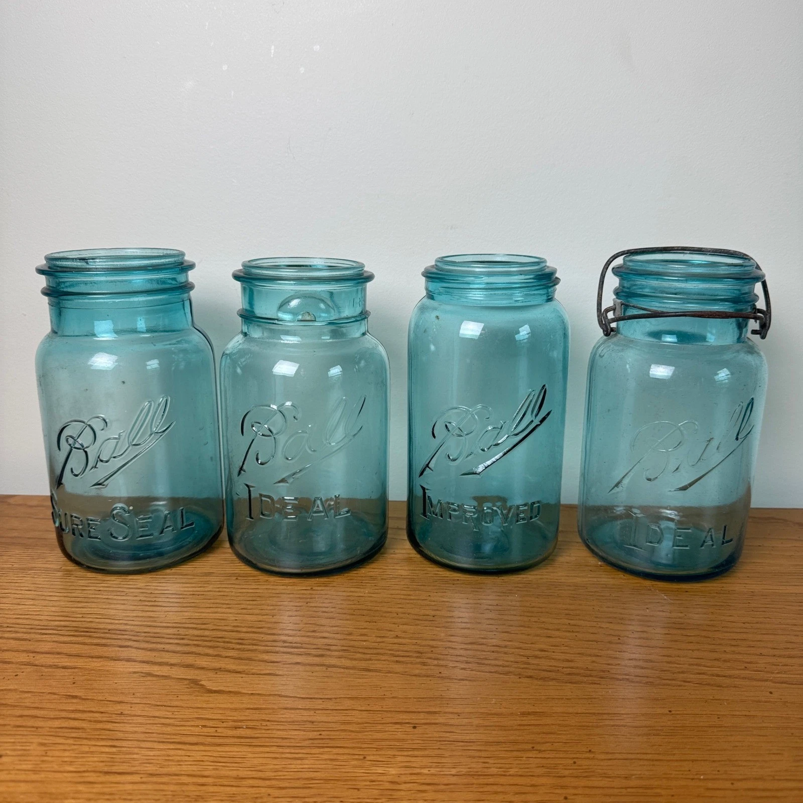 Set of 4 Antique Vintage 1900-1923 Aqua Blue Ball Mason Jars Quart