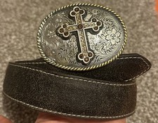 Cross W/ Brown Rhinestone Religious Western Nocona Size M 31  -35  Belt  Buckle