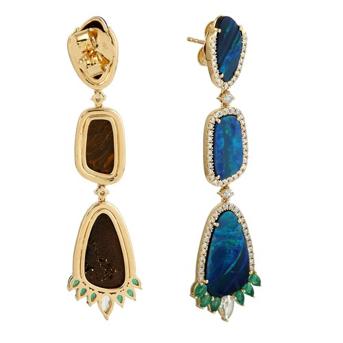 18k Gold Opal Emerald Diamond Dangle Earrings Womens Luxury Statement Jewelry - Picture 3 of 6