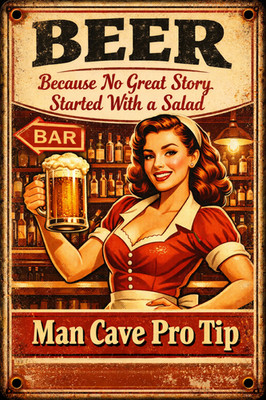 Beer Because No Great Story Started With a Salad Man Cave Retro 8x12 Metal Sign