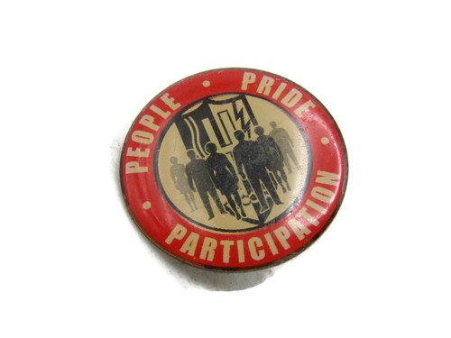 Vintage People Pride Participation Pinback Button 1970s Employee Slogan Pin Red