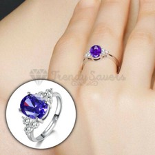 Women Purple Amethyst CZ Gem Adjustable 925 Sterling Silver Engagement Ring Band