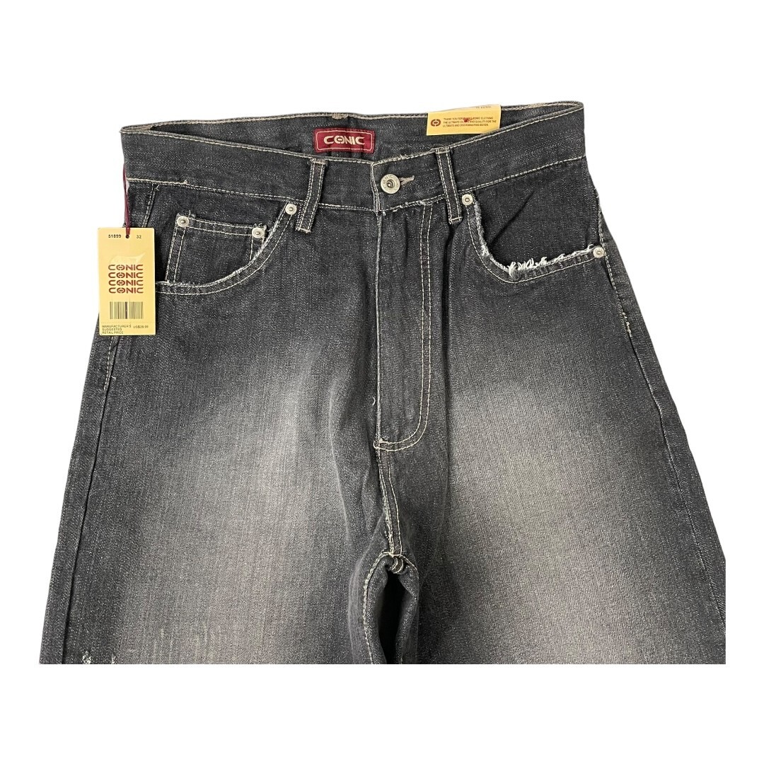 Y2K CONIC Black Light Wash Straight Leg Distressed Jeans Men's 32