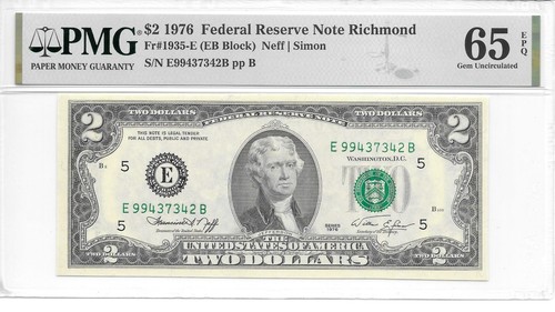 1976 Richmond $2 FRN Harder to Find EB Block PMG 65 EPQ GEM UNCIRCULATED - Picture 3 of 8