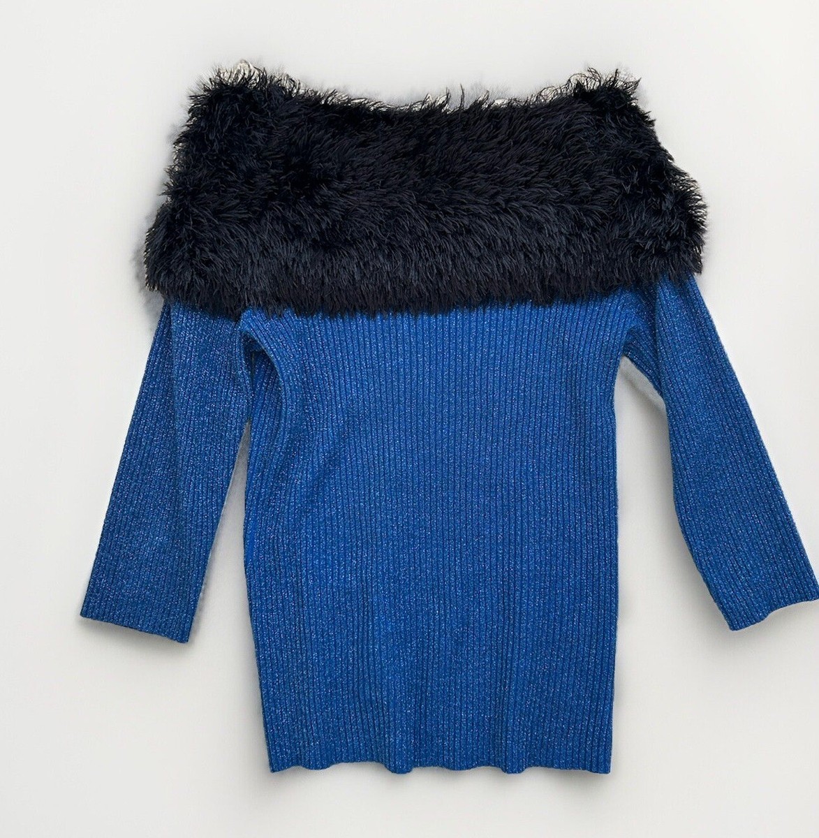 Vintage Y2K 90s Lauren Michelle Off Shoulder Faux Fur Blue Ribbed