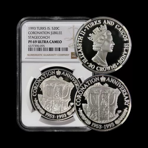 TURKS & CAICOS. 1993, 20 Crowns, Silver - NGC PF69 - Top Pop 🥇 Queen Mother