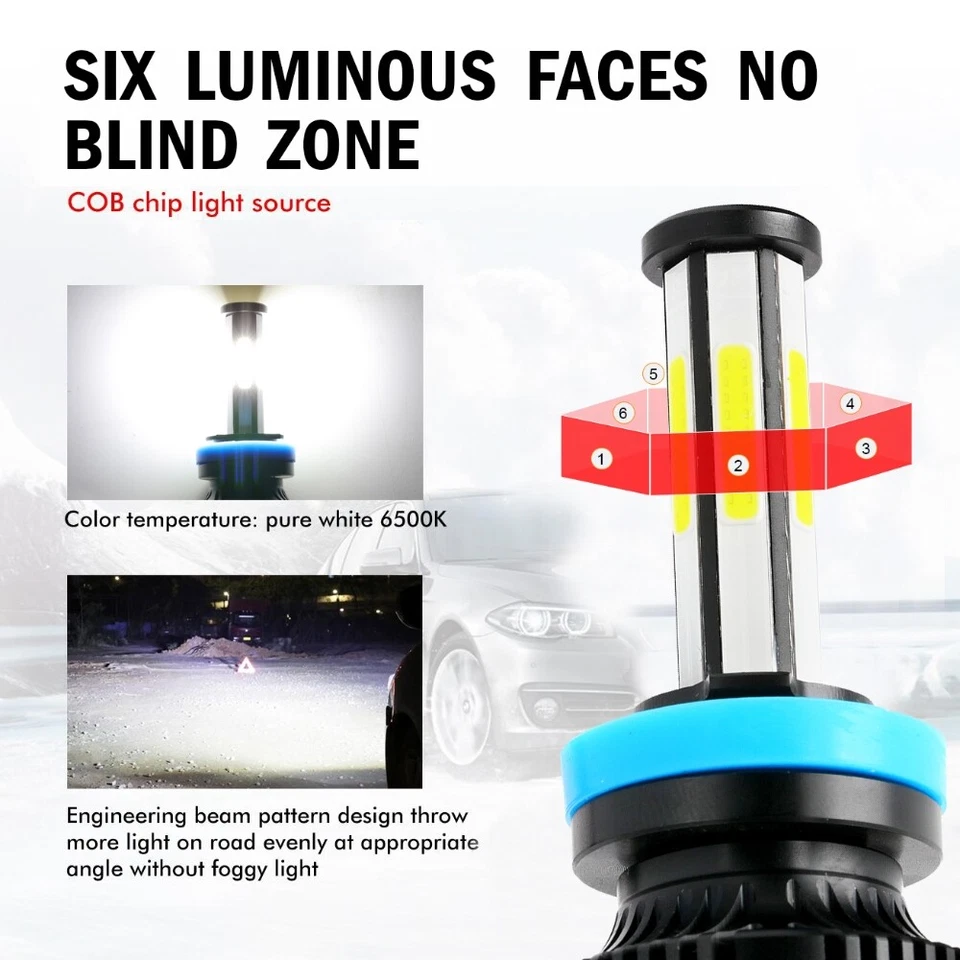 6-Sides H11 H9 LED Headlight Bulbs Low Beam Super Bright 15000W 2800000LM White - Image 3 of 4