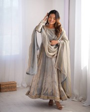 Classic Look Grey Fandy Silk Salwar Kameez With Dupatta For Wedding Wear