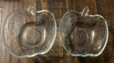 2  VTG Clear Glass Apple Shaped Bowls Embossed Leaf 4.5"x 5"x 2"  Indonesia *V