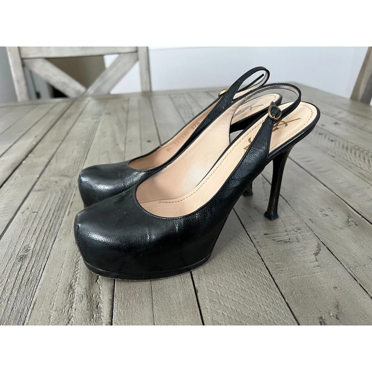 Yves Saint Laurent Black Patent Leather Open Toe Tribute Too Heels