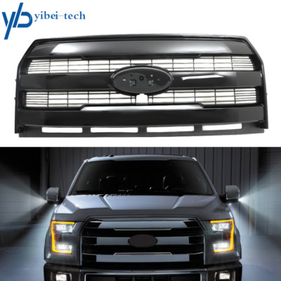 Front Upper Grill Grille For Ford F150 2009-2014 - Matte Black Steel Mesh With Amber LED Lights & Chrome Rivets