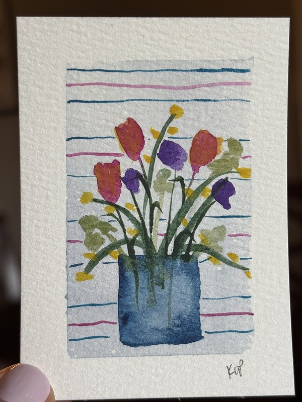 ACEO Original Happy Flowers w/ Stripes Watercolor 2.5x3.5 by Katie Love-Pride