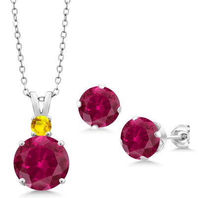 925 Sterling Silver Created Ruby and Yellow Sapphire Pendant and Earrings