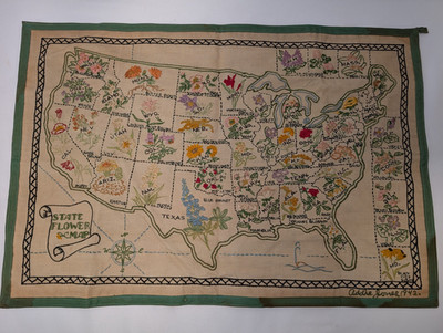 1942 Hand Embroidered USA State Flower Map Sampler Paragon Vintage * No AK/HI *
