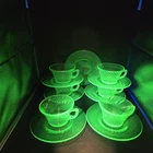 9pcs - Lot Anchor Hocking Spiral Vaseline Uranium Cup & Saucer - 6 Full Sets