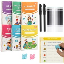 Magic Grooved Handwriting Practice Book Set Reusable 3-8 Years 6 Books Kids