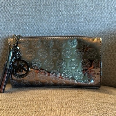 Small Michael Kors Makeup Bag Silver With All Over Logo, Charm & Tassel
