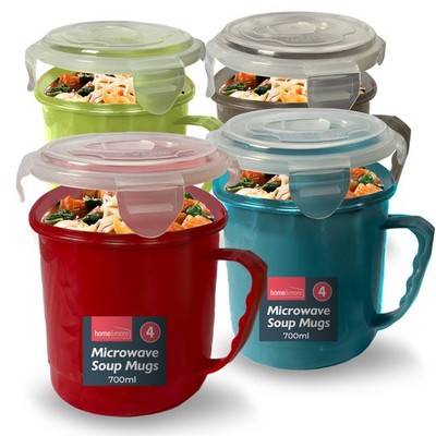 4 Mikrowelle Suppe Becher 700ml Essen Brei Schüssel Tasse Behälter luftdicht Clip Verschluss