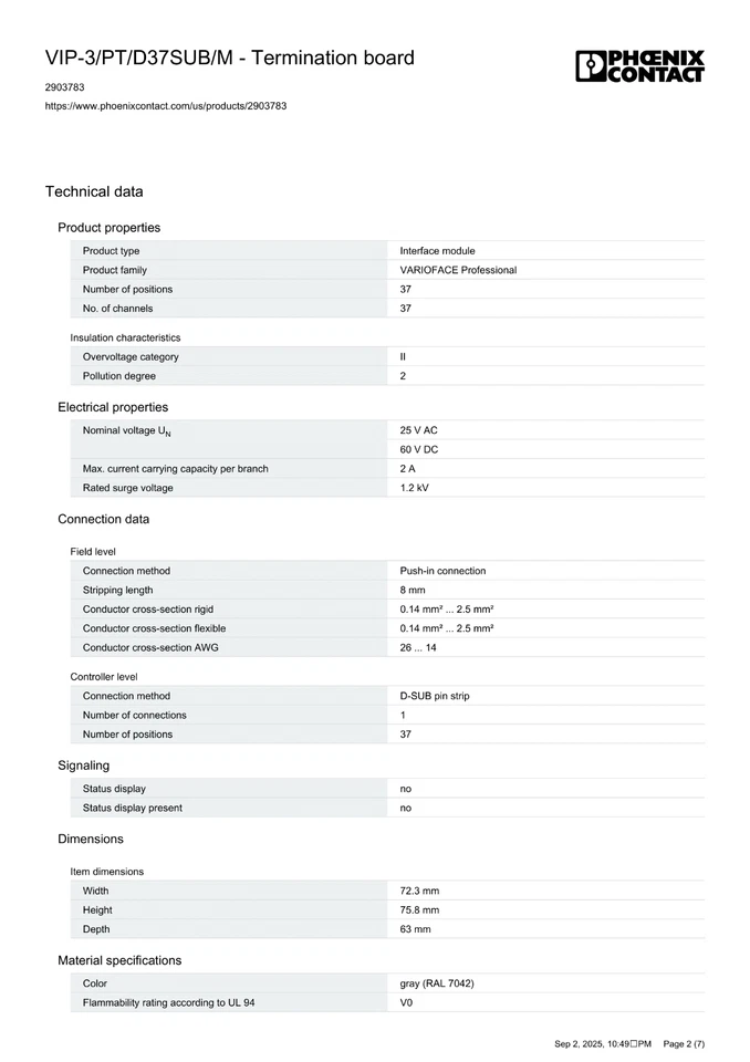 Phoenix Contact 2903783 DB37 Interface Module 37-Pin D-Sub Male Spring Terminal - Image 4 of 4