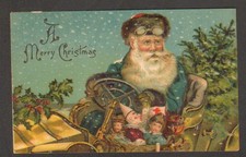 1908-9 CHRISTMAS PC, SANTA CLAUS IN BLUE SUIT DRIVING EARLY AUTOMOBILE-GOGGLES+