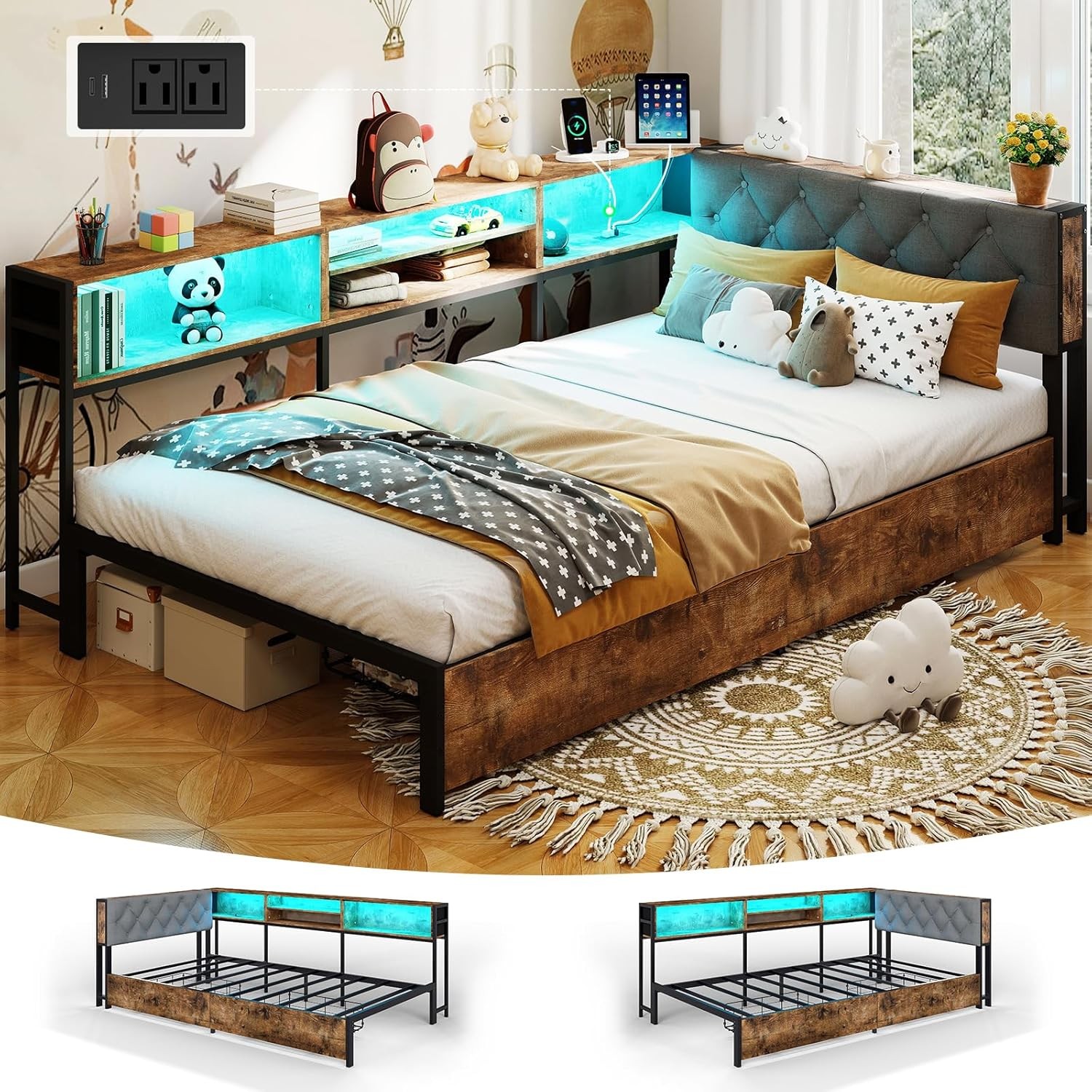Twin Xl Size Daybed With Led Lights,charging Station,2 Drawe