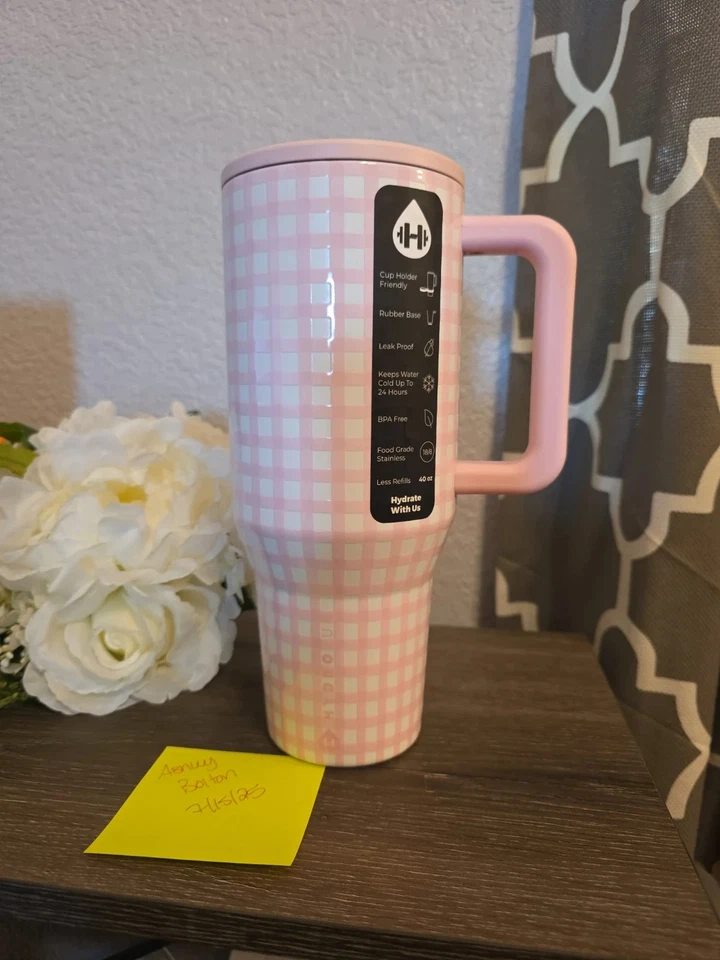 Hydrojug Traveler 40 Oz CLOUD 9 aka Pink Gingham Bnwt and box.