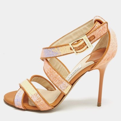 Jimmy Choo Riemchensandalen mehrfarbig Raffia und Lederbesatz Größe 35