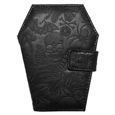 Embossed Skull Coffin Shape Wallet Black Vegan Faux Leather Bifold