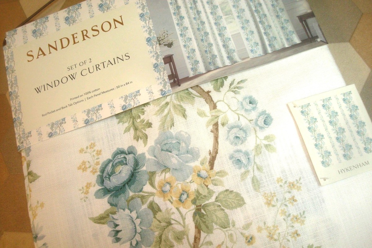 NWT Sanderson 2 pc Window Curtain Panels Hykenham Floral Aqua Blue