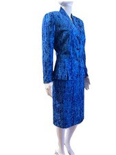 Anne Crimmins Umi Collection Size 10 Silk Skirt Suit Blue Watercolor Print VTG