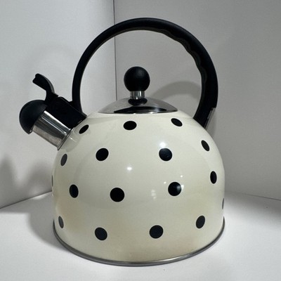 White Polka Dot Metal Whistling Tea Kettle with Black Handle