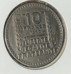 1948 B France 10 Francs Au Coin KM 909.2 High Grade.  XF
