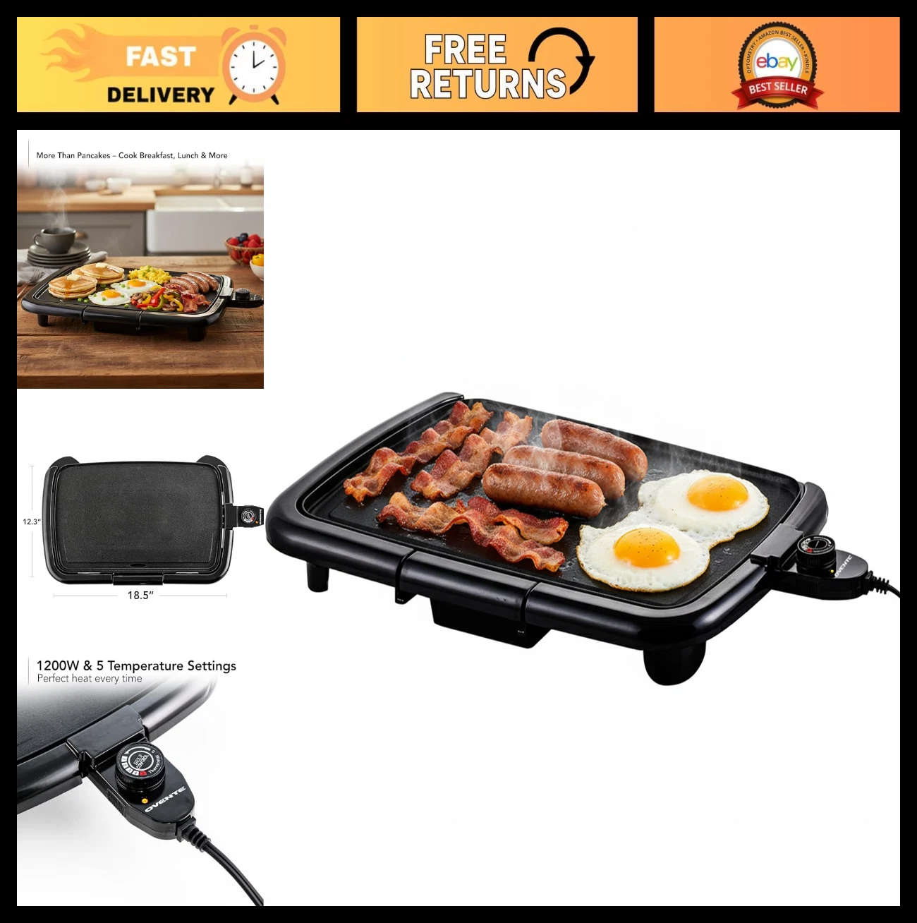 Electric Griddle 16"x10" Non-Stick Surface, Adjustable Temp Control, Indoor Gril