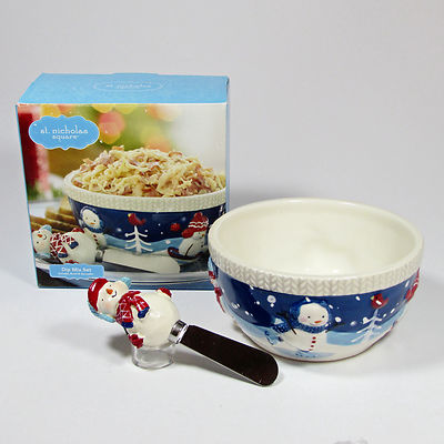 St. Nicholas Square LET IT SNOW 16oz Dip Bowl & Spreader Set Snowman Blue NIB