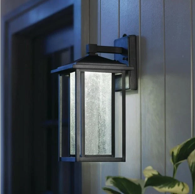 Mauvo Canyon Collection Black Outdoor Seeded Glass Dusk to Dawn Wall Lantern
