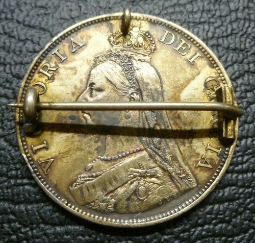 Enamelled Coin Brooch Victoria Double Florin 1887 .925 Sterling Silver 5 Colours - Picture 3 of 5
