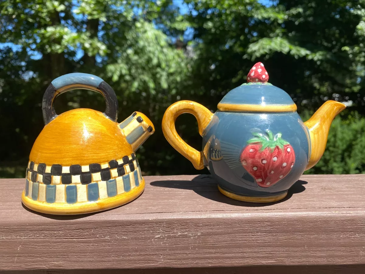 Sakura tea kettle & teapot salt & pepper shakers blue strawberry tan black  CUTE!