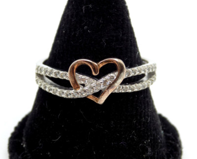 Delicate Sterling Silver CZ Rose Gold Heart Ring sz 9.25 Love Stackable Open