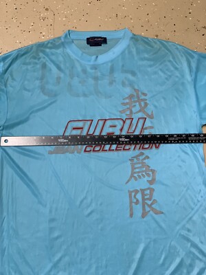 VINTAGE FUBU Men Large Blue Short Sleeve 90s Asian Y2K Semi Sheer