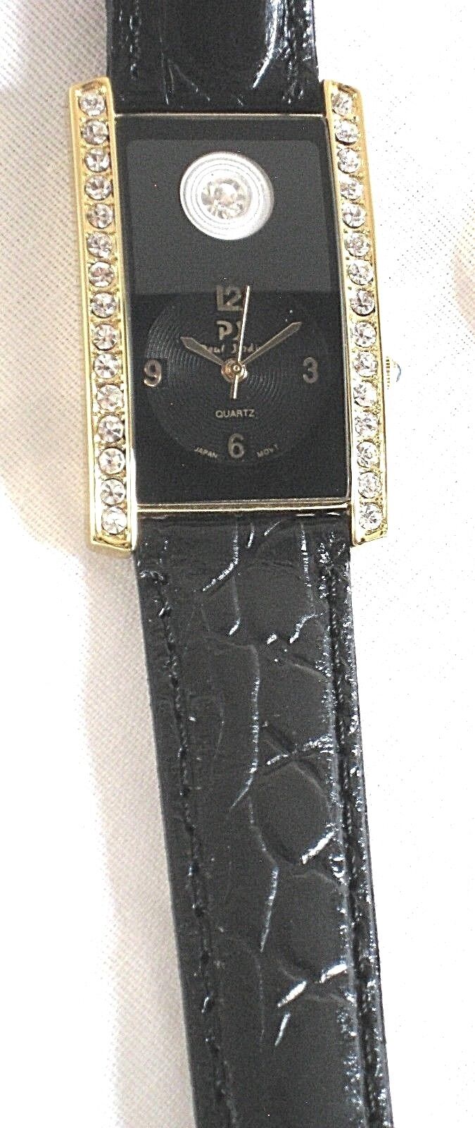CRYSTAL RHINESTONE RECTANGLE GOLDTONE WATCH*BLACK LEATHER BAND*WATER RESISTANT