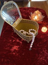 Vintage Gold Filigree Beveled Glass Oval Hinged Trinket/Jewelry Box